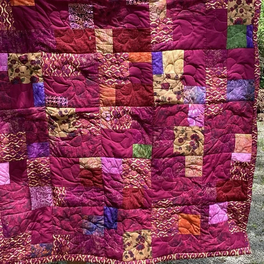 NWT. Hand Crafted Maroon/Wine Mixed Prints Lap Quilt